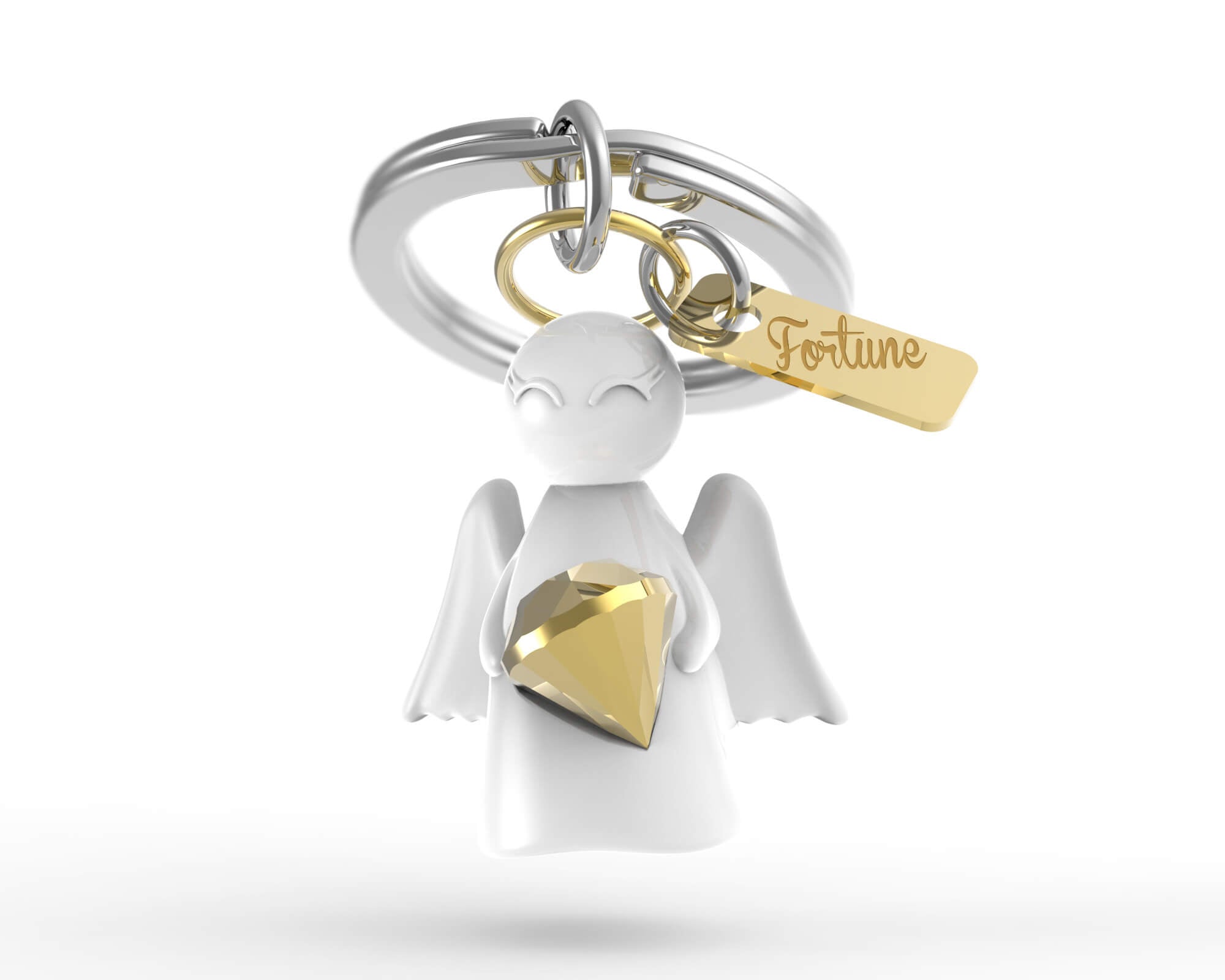 Metalmorphose.lt metalinis raktų pakabukas SĖKMĖS ANGELAS. Angelas su auksiniu deimantu ir lentele „Fortune“. Premium metalinė miniatiūra iš SIMBOLIŲ PASAULIS kolekcijos.