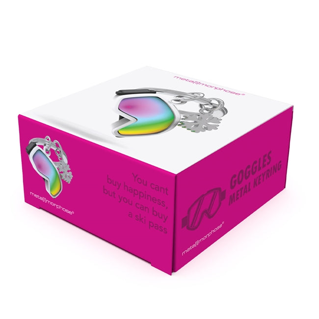 Metalmorphose.lt metalinis raktų pakabukas SLIDINĖJIMO AKINIAI. Baltu rėmeliu ir juodu dirželiu atkurtos 3D slidinėjimo kaukės, vaivorykštinis lęšis, blizgi snaigė, premium cinko lydinys, plieno žiedas. SPORTO PASAULIS kolekcija.