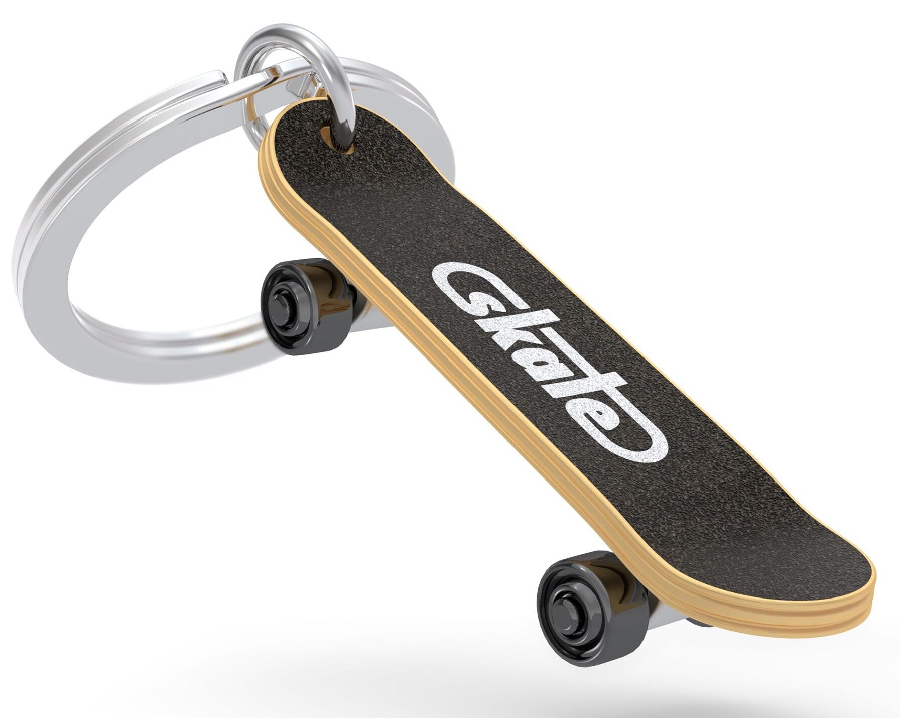 Metalmorphose.lt metalinis raktų pakabukas SPORTINĖ RIEDLENTĖ. Ilga sportinė riedlentė, 3D ratukų detalės, premium cinko lydinys, plieno žiedas. Iš SPORTO PASAULIS kolekcijos.