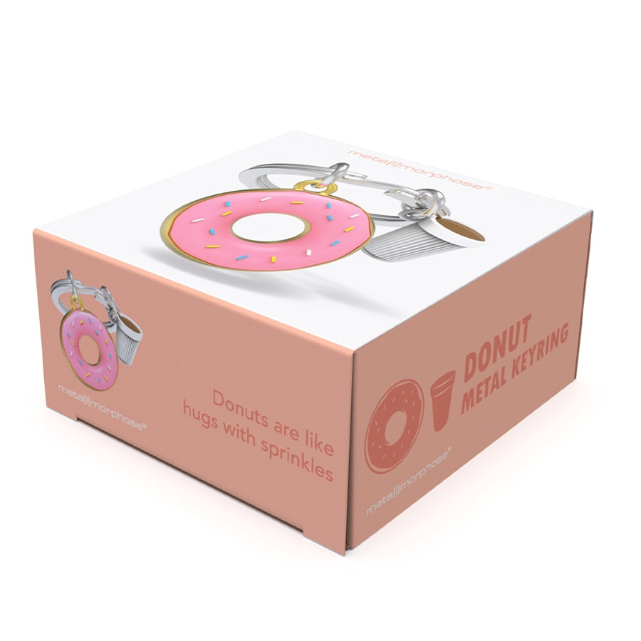 Metalmorphose metalinis raktų pakabukas „Spurgos Glamonė“ - rožinės spurgos su pabarstukais ir kavos puodeliu. 3d zinc alloy pakabukas, mini detalės, emocija.