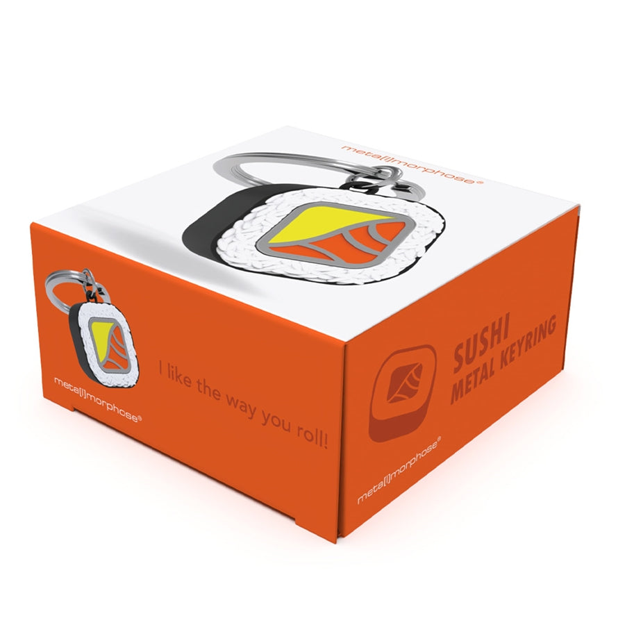 Metalinis raktų pakabukas „Sushi Roll“ su 3D suši ritinėlio dizainu iš Metalmorphose „Skonių Pasaulis“ kolekcijos, premium foodie aksesuaras.