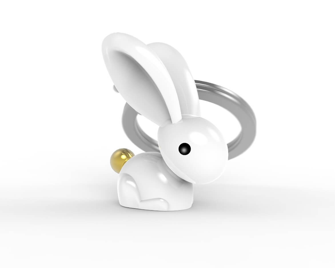 Metalinis raktų pakabukas Sidabro Zuikutis – mielas sidabrinis triušis, 3D detalės, glotnus paviršius.