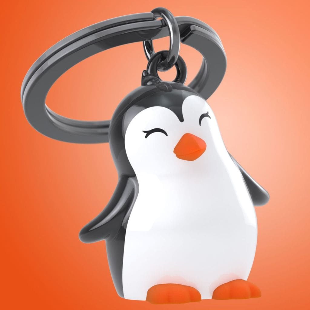 Metalinis raktų pakabukas Širdies Pingvinas – juodas ir baltas pingvinas, 3D detalės, metalinis paviršius, nerūdijančio plieno žiedas.