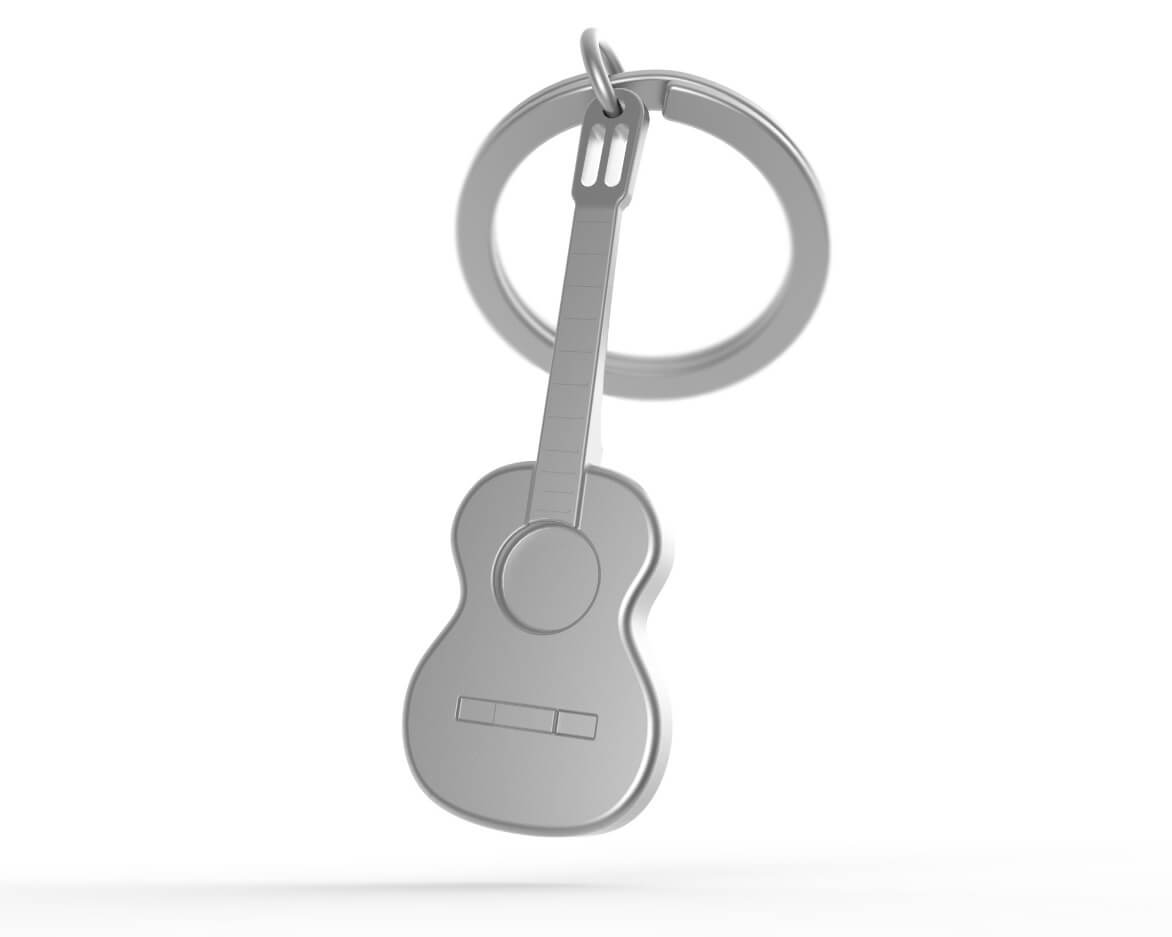 Metalinis raktų pakabukas „Tylioji Gitara“ – gitaros formos 3D miniatiūra iš Metalmorphose Muzikos Pasaulis kolekcijos