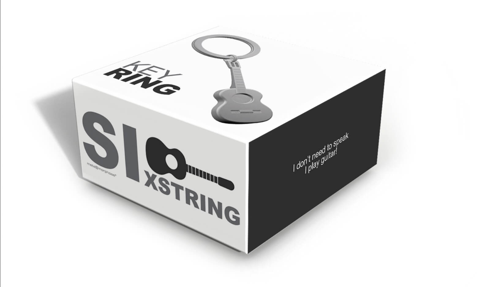 Metalinis raktų pakabukas „Tylioji Gitara“ – gitaros formos 3D miniatiūra iš Metalmorphose Muzikos Pasaulis kolekcijos