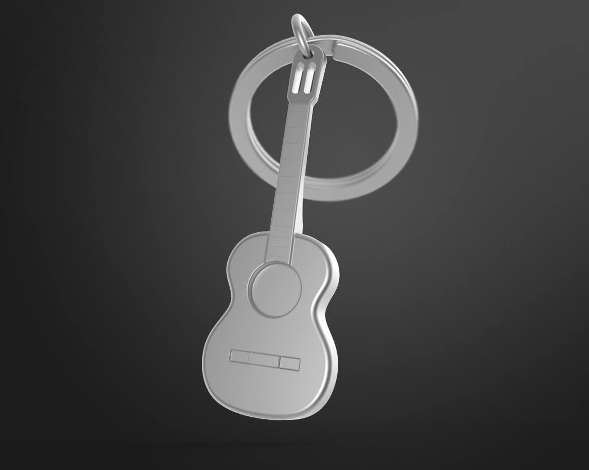 Metalinis raktų pakabukas „Tylioji Gitara“ – gitaros formos 3D miniatiūra iš Metalmorphose Muzikos Pasaulis kolekcijos