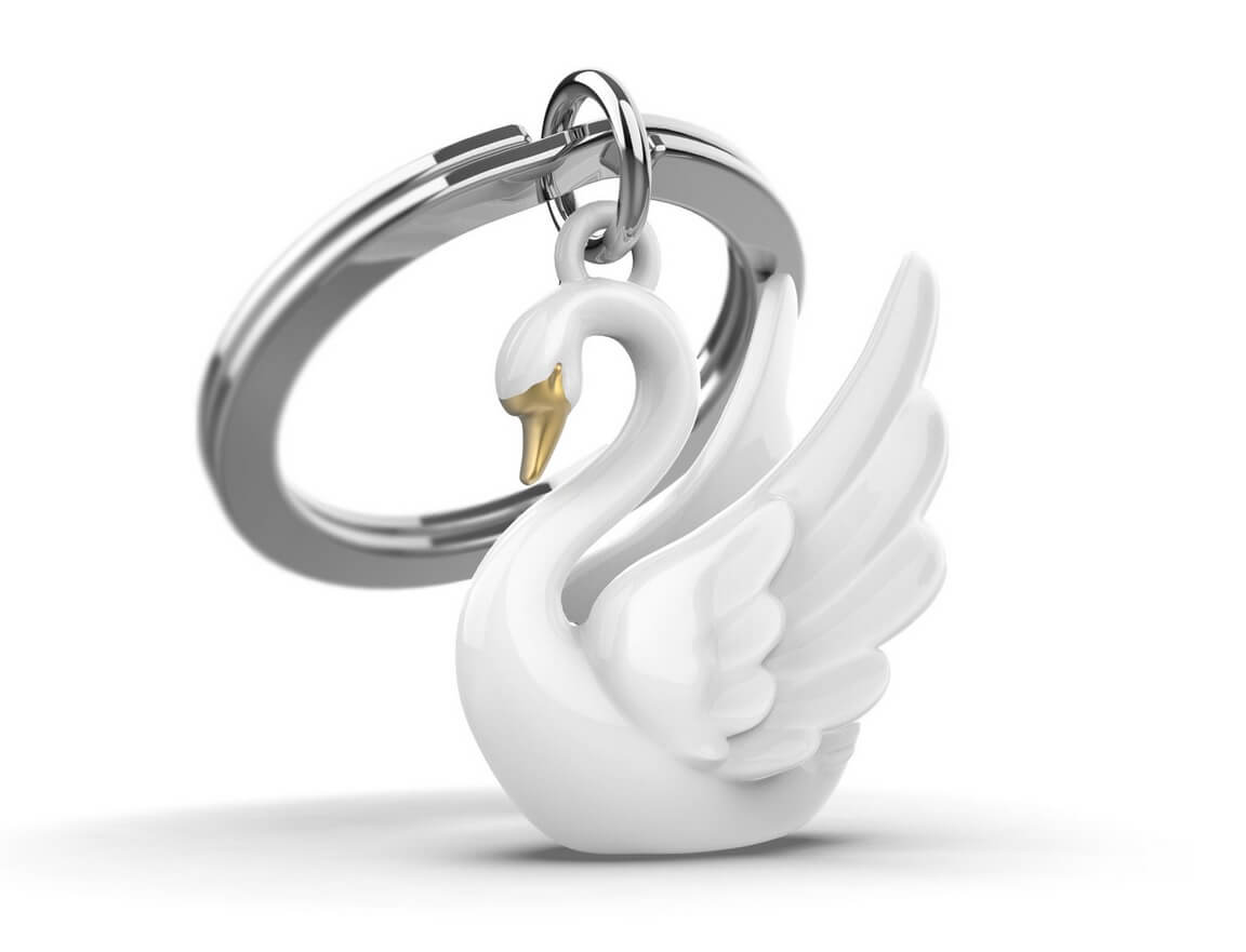 Metalinis raktų pakabukas Tyliosios Gulbės Elegancija – baltas gulbės siluetas, blizgus metalo paviršius, 3D detalės, prabangi dovaninė dėžutė.