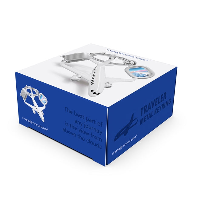 Metalmorphose.lt metalinis raktų pakabukas VIRŠ DEBESŲ. Sidabrinis lėktuvas, mini lagaminas ir lėktuvo langas su debesų vaizdu. 3D kelionių miniatiūrų rinkinys. Nerūdijančio plieno žiedas. Pakabukas iš KELIONIŲ PASAULIS kolekcijos.