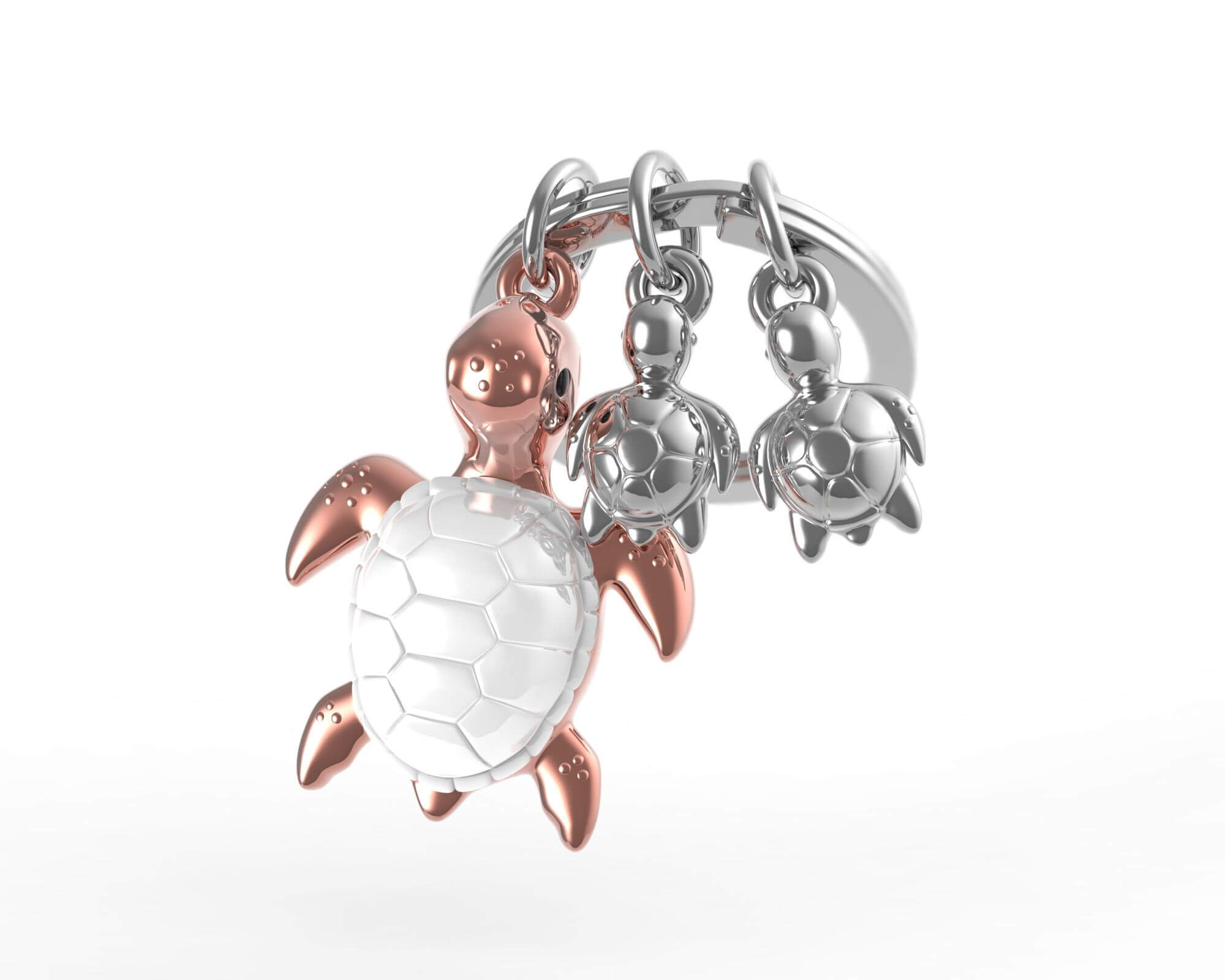 Vėžlių Šeima metalinis raktų pakabukas – rožinis auksas, cinko lydinys, vėžliai su jaunikliais.