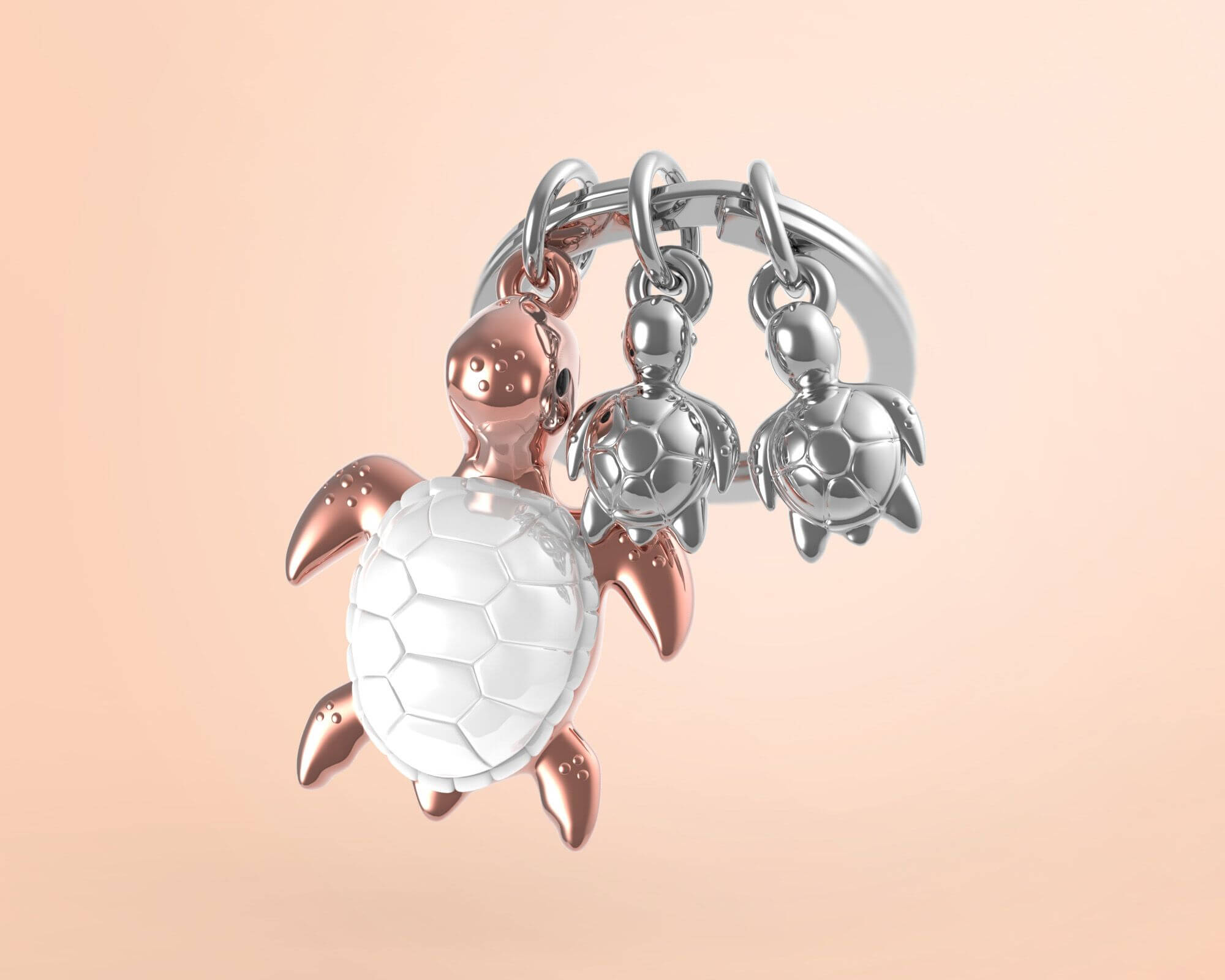 Vėžlių Šeima metalinis raktų pakabukas – rožinis auksas, cinko lydinys, vėžliai su jaunikliais.