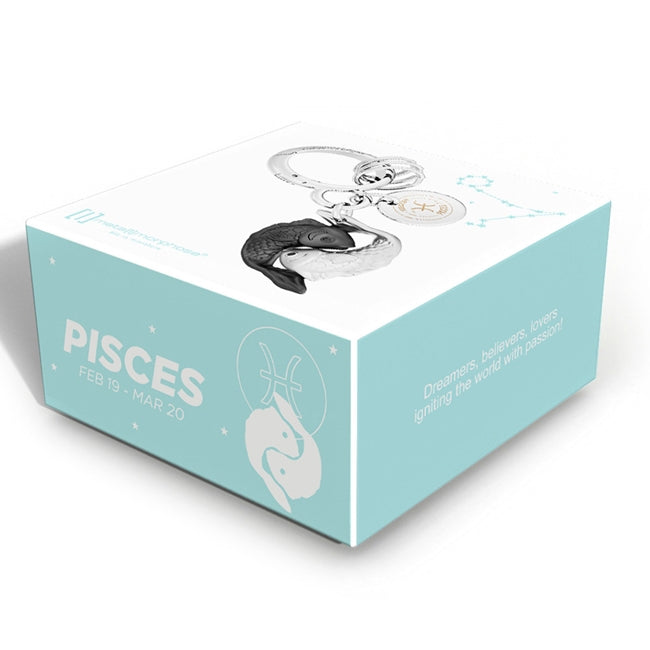 Metalmorphose.lt metalinis raktų pakabukas ŽUVYS. Dvi apsijungusios žuvys, vandens ženklo simbolika, 3D miniatiūra, premium cinko lydinys, plieno žiedas. Pakabukas iš ZODIAKŲ PASAULIS kolekcijos.