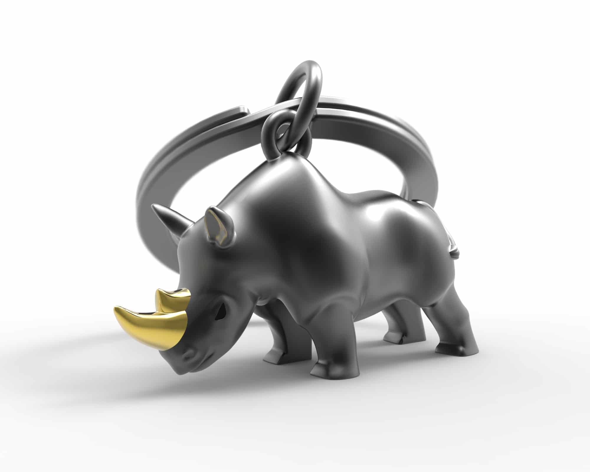 Metalinis raktų pakabukas Tylusis Raganosis – juodas raganosis, 3D detalės, metalinis paviršius, nerūdijančio plieno žiedas.