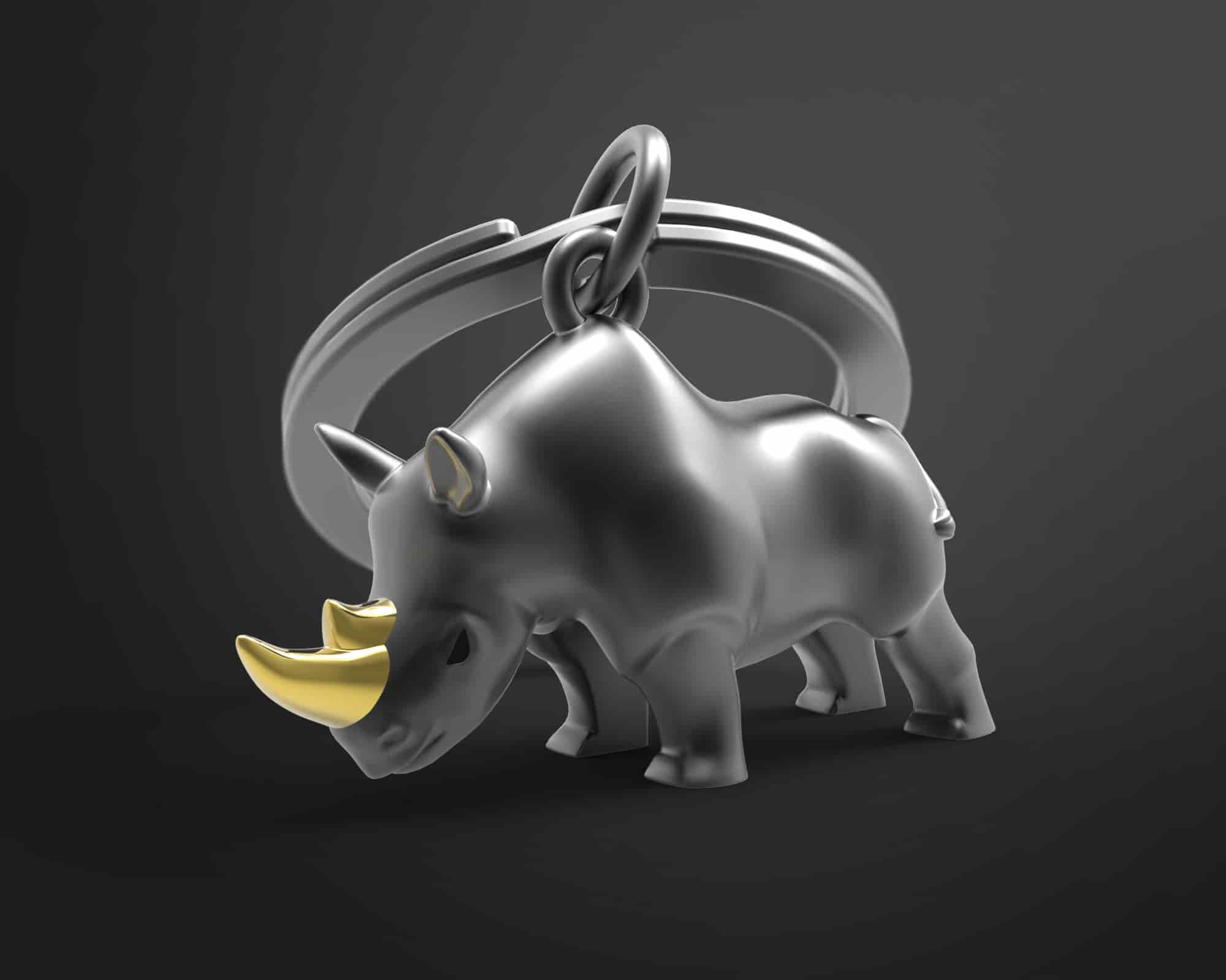 Metalinis raktų pakabukas Tylusis Raganosis – juodas raganosis, 3D detalės, metalinis paviršius, nerūdijančio plieno žiedas.